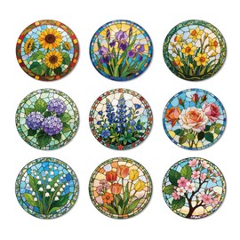 ANATTASOUL 9 Pcs Flowers and Stained Glass Pattern Wood Coasters, 10cm Art Round Coasters Craft Supplies for Drinks Absorbent Kitchen Dining Room Decoration