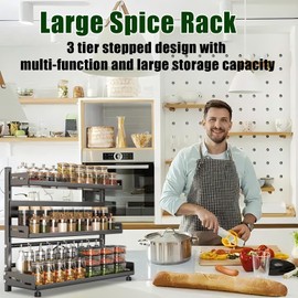 Spice Organization for Cabinet | 3 Tier Standing Height-Adjustable Spice Rack | Large Metal Rust-Proof Seasoning Organizer | Kitchen Storage Organization Shelf for Pantry Bathroom (3-40CM Black)