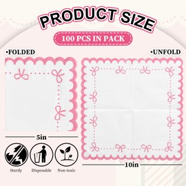 Whaline 100Pcs Pink Bow Scalloped Cocktail Napkin Bow Theme Paper Napkin Thick Disposable Dessert Beverage Napkin for Bridal Baby Shower Birthday Party Supplies