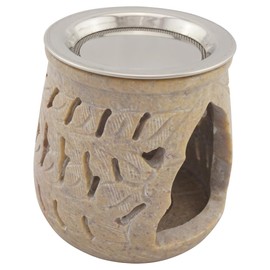 Indian Soapstone Incense Burner - Stainless Steel Strainer & Heat Shield - Amana Design - Height 9cm - Includes Smoking Instructions