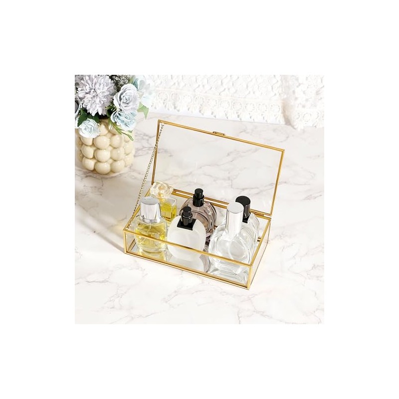 Feyarl Gold Glass Jewelry Box Clear Keepsake Photo Box Trinket