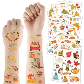 JUNEBRUSHS Fall Temporary Tattoos, 183 Styles Autumn Harvest Tattoo Stickers for Kids 20 Sheets Thanksgiving Temporary Stickers with Squirrels Owls Pumpkins Leaves Turkey for Birthday Fall Decorations