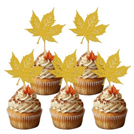 24 PCS Fall Leaves Cupcake Toppers Fall Harvest Thanksgiving Cupcake Picks Maple Leaves Party Decorations for Autumn Leaf Theme Baby Shower Birthday Thanksgiving Party Decorations Supplies Dark Gold