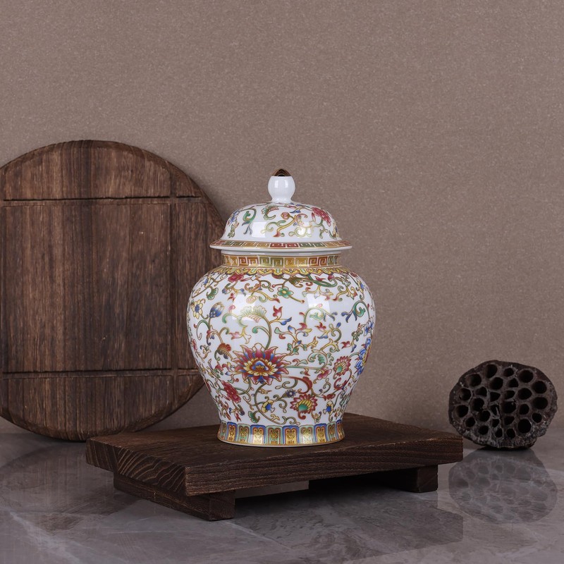 Enamel Ginger Jar with Lid 7.72"H,Handmade Chinoiserie Ginger Jar, Ceramic