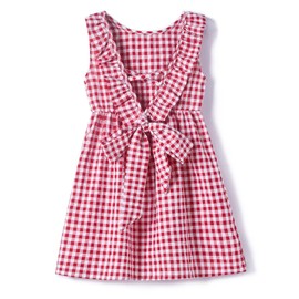 Rysly Toddler Baby Girls Cotton Linen Plaid Dress with Ruffle Back Straps and Bow Kids Casual Dress (Plaid Red,130)