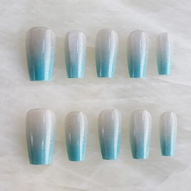 Glossy Cat Eye Ballerina Press-On Acrylic Nails, Coffin Style (Blue, XS)
