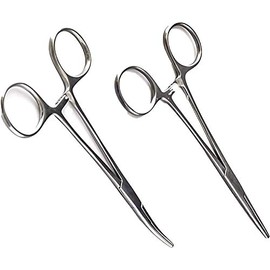 2 pcs Fishing Clamp Set 5" Straight and Curved Hemostat Forceps Locking Tweezers Clamp Stainless Steel Silver