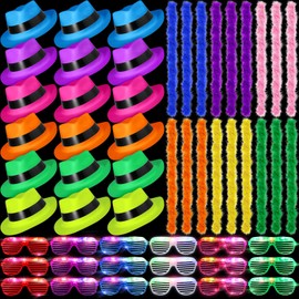 54 Pieces Neon Party Supplies Glow in The Dark 18 Pcs Neon Gangster Party Hats with 18 Pcs Light up LED Glasses 18 Pcs Colorful Feather Boas Bulk for Hora Loca Party 80's Style Carnival Christmas