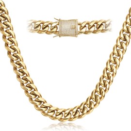 PY BLING 14k Golden Plated Mens Heavy Miami Cuban Link Chain Choker with Lab Diamond Clasp Stainless Steel Hip Hop Thick 8mm-16mm Necklace (14mm,20in)