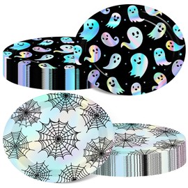 Platos desechables iridiscentes para Halloween, color negro, platos holográficos cambiantes para suministros de cocina espeluznantes