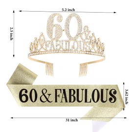 Luixenir 3 Pcs Gold 60th Birthday Sash and 60th Tiara Rhinestone Crown Headband and Sash for Women 60 and Fabulous Birthday Decorations