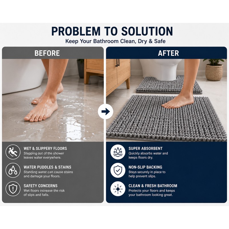 3 Piece Super Absorbent Quick Dry Chenille Bath Mats Set