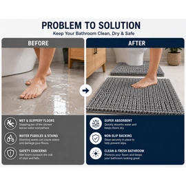 3 Piece Super Absorbent Quick Dry Chenille Bath Mats Set - Non Slip, Washable, Extra Thick Shaggy Rug