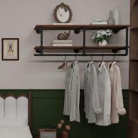 TEDIDUWA Clothes Rack 48in, Wall Mounted Garment Rack with Real Wood Shelf, Heavy Duty Hanging Clothes Rack, Multi-Purpose Hanging Rod, Space-Saving Closet Storage (2T48IN)