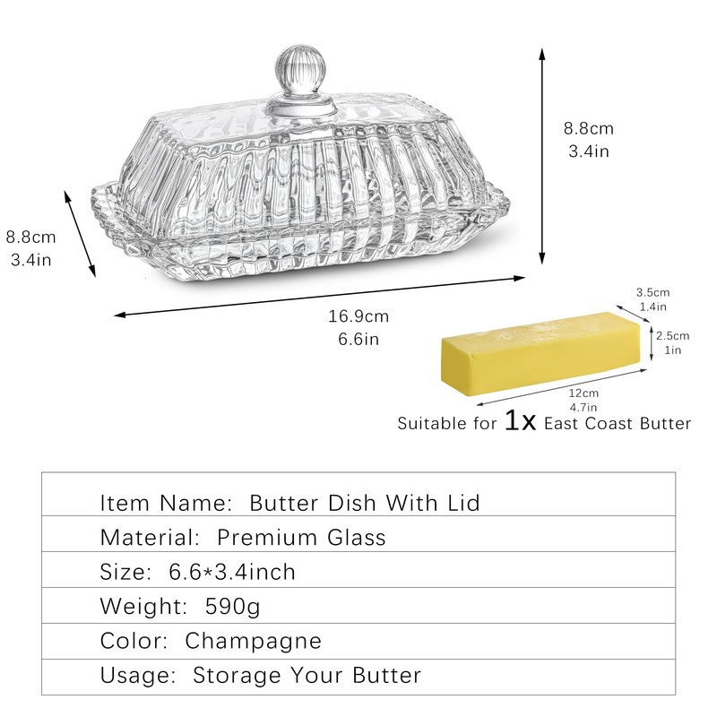 6.5'' Glass Butter Dish with Lid,Clear Classic Covered Butter Container