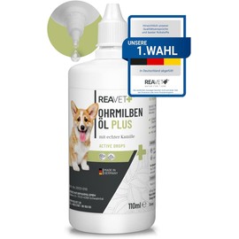 ReaVET Ear Mite Oil Plus 110 ml Instant Effective Remedy for Dogs - Against Ear Mites with Chamomile, Gentle Care for Itching in the Ear, Ear Drops Mites, Ear Cleaner