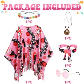 Formemory Formemory Hippie Kostüm Damen,60er 70er Jahre Outfit Damen Hippie Kleidung Damen Hippie Poncho Damen mit Hippie Accessoires Disco Outfit Karneval Fasching Kostüm Damen (Rosa)