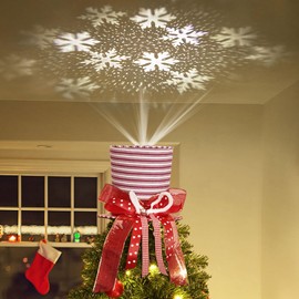 Lewondr Christmas Tree Topper, Hat Snowflakes Projector Christmas Hat Christmas Tree Topper, Christmas Decoration Striped Elf Hat Tree Topper for Christmas, New Year, Holiday, Party, Home, Red & White