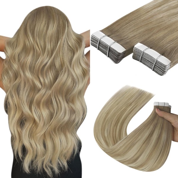 YoungSee Real Hair Tape Extensions Balayage Thick Hair Tape-In Hair Extension Straight Real Hair Skin Weft Tape-In Extensions Real Hair Medium Brown with Platinum Blonde 20 Wefts 50 g 35 cm