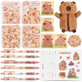 77 Pack Capybara Pencil Case Capybara Stationary Gifts-1 Big Plush Pencil Bag,4 Cute Pocket Notebooks,6 Ballpoint Pens Black Ink,62 Colorful Stickers,4 Sticky Notes for Students Boys Girls School