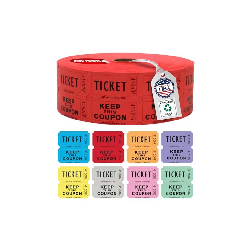 INDIANA TICKET CO. 2,000 Red Raffle Tickets Double Roll, 50/50