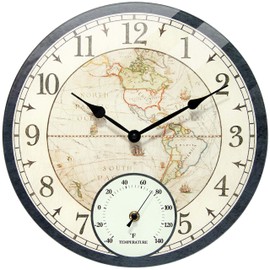 Infinity Instruments Orbis Indoor Outdoor Wall Clock and Thermometer, Traditional World Map Face with Modern Tempered Glass Design, 14 inch, Black