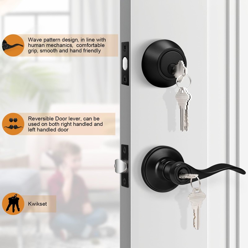 Probrico Front Door Entry Lever Lockset, Single Cylinder Deadbolt Combination