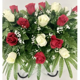 Cemetery Headstone Saddle Flower Arrangement in Red and Cream Roses-Grave Marker Decoration, Sympathy Flowers