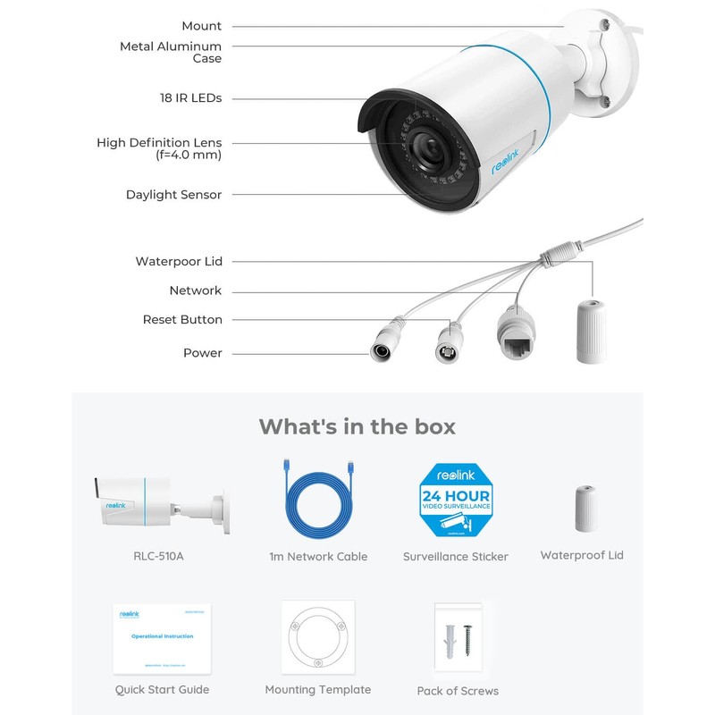 Reolink 5MP PoE CCTV Camera with Human/Vehicle Detection, IR Night