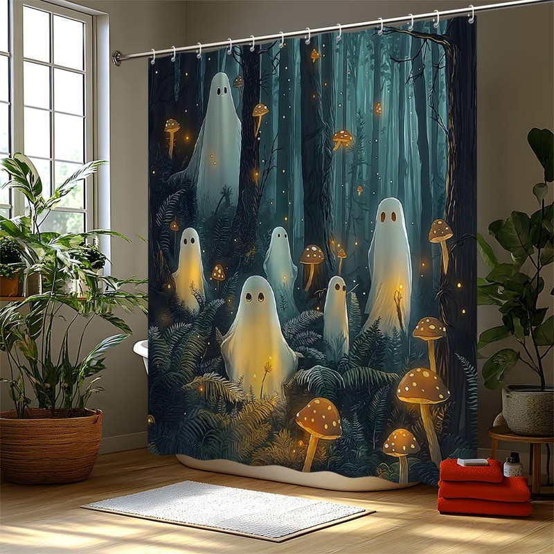 Spooky Ghost Mushroom Shower Curtain Grey Foggy Forest Cute Halloween