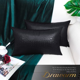 BRAWARM Faux Leather Pillow Covers 12 X 20 Inches, Black Leather Pillow Covers Pack of 2, Crocodile Leather Decorative Lumbar Throw Pillows for Living Room Couch Bed Sofa Home