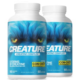 CREATURE CREATURE? Creatine Complex - Creatine Monohydrate Capsules with 5 Types of Creatine Including Con-Crt? Creatine HCL, Promotes Muscle, Strength, Endurance, Brain Health, 180 Veggie Caps, Pack of 2.