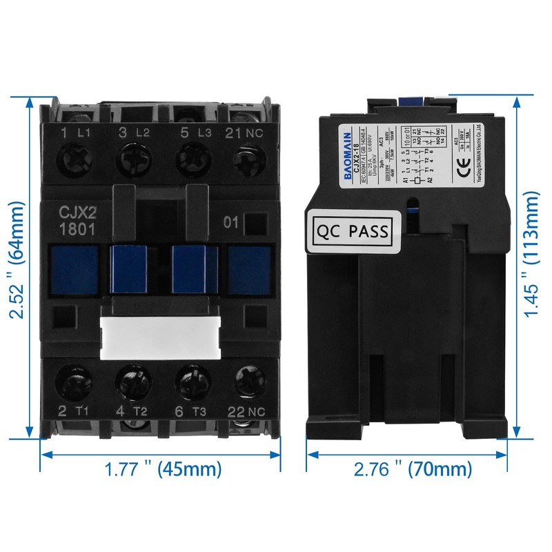 Baomain 3-Pole DC Contactor CJX2-1801 24VDC Coil, 3NO+1NC Auxiliary, 660V