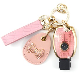 Rayslesan Key Fob Cover with Leather Holder Compatible with Airtag/RFID,Compatible with Benz C/C AMG，E/E AMG ，R S G CL GLK ML Series, RFID Protector, Car Key Accessories (3-Button, Gold Pink)