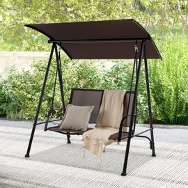 HAPPYGRILL 2-Person Patio Swing with Canopy, Heavy-Duty Metal Frame, Breathable Seat Fabric, Outdoor Loveseat Swing for Backyard, Balcony, Poolside