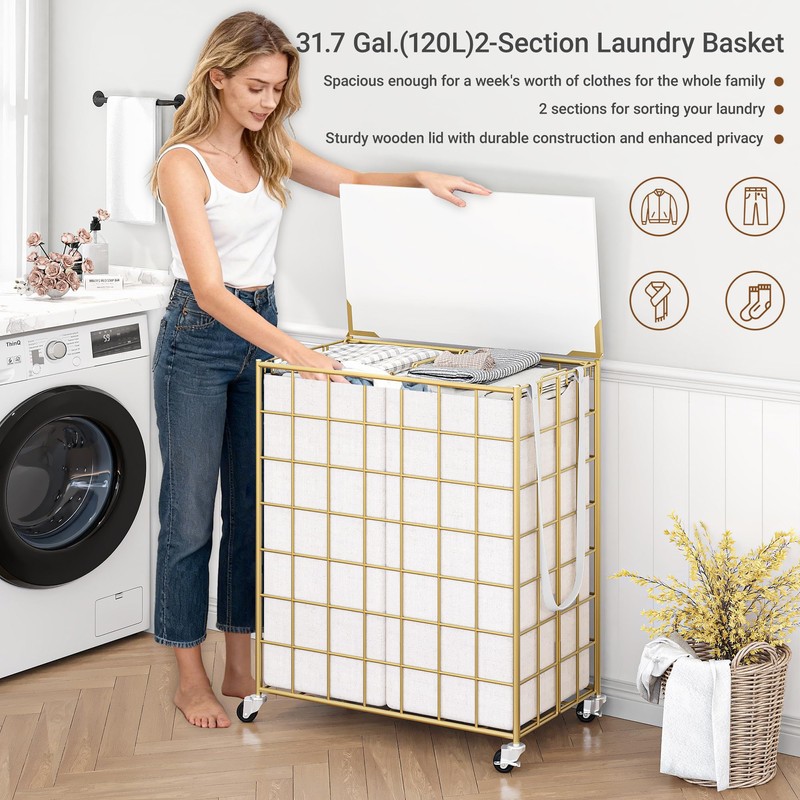 DXIGUSO Laundry Basket with Wheels, Heavy Duty Laundry Sorter 2