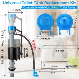 Saillong Universal Toilet Tank Replacement Kit, Toilet Flusher Fill Valve with 3 Inch Low Flow Flapper Repair Kit, Side Mount Flush Brass Handle, Adjustable Water Level, Easy to Install(Blue)