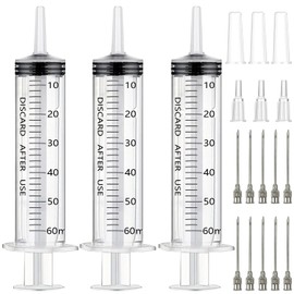 Pack of 3 Syringes 60 ml, Plastic Syringe 60 ml with Stainless Steel Needles, Reusable Plastic Syringes for Plant Watering, Animal Feeding, Scientific Laboratories (Individual Package)