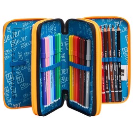 SJ GANG Pencil Case, Multicolor Pencil Case for Stationery, Pencil Case with Pens, Ballpoint Pens, & More, Kids, Girls & Boys, Primary School, 3 Compartments; SJ Pattern Black, Black/Steel Grey,