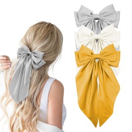 3Pcs Hair Bows for Women Gray Beige Silky Satin Bow for Hair Coquette Yellow Bows Hair Clip Long Tail Hair Ribbons Hair Accessories Gifts