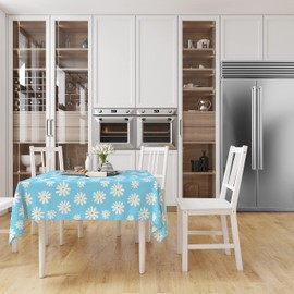 Encasa Homes Printed Tablecloth 145 x 145 cm for Square Dining Table of length upto 110 cm, 100% Cotton, Machine Washable, Durable, Rectangular, for Home, Restaurant, Banquet - Daisy Blue