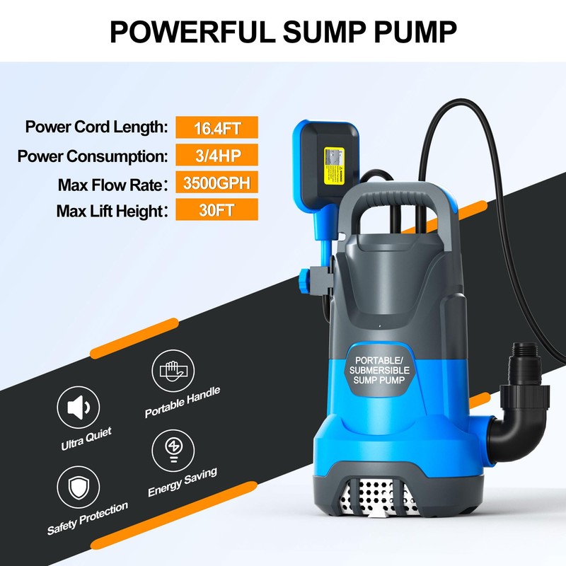 PANRANO Submersible Water Automatic Sump Pump 3/4HP Clean/Dirty Water Removal