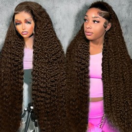 TOYERE 32 Inch Chocolate Brown Lace Front Wig 13x6 Deep Wave HD Lace Frontal Wigs Human Hair 4# Colored Pre Plucked with Baby Hair Natural Hairline