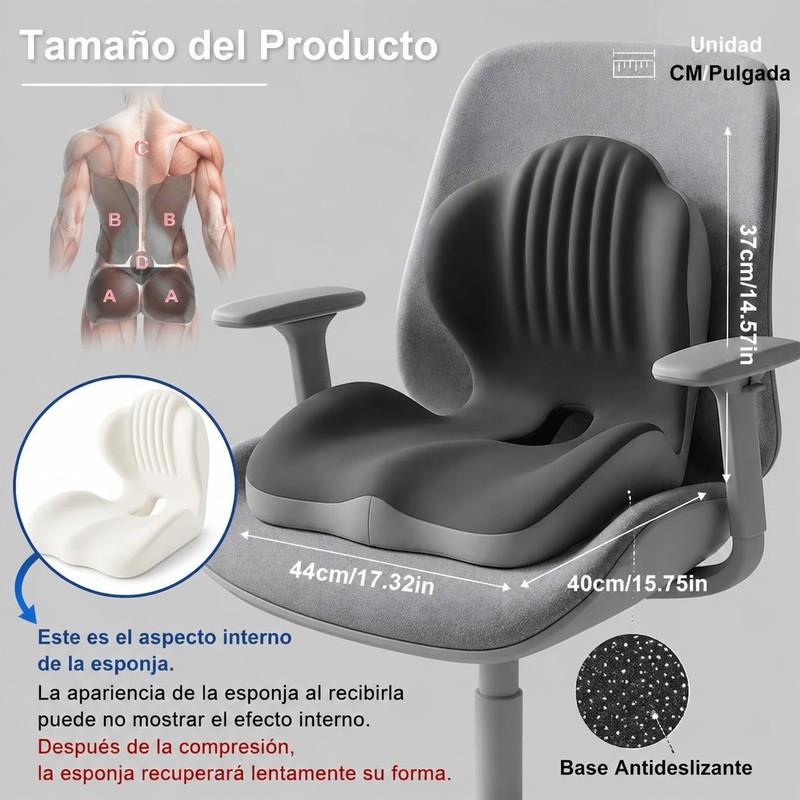 Vervex Cojín Ergonómico 2 en 1 para Espalda y Asiento,