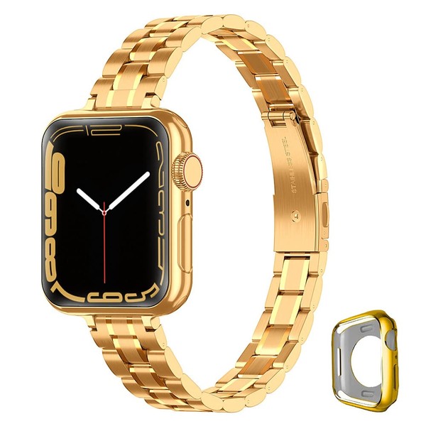 CSJCUBIC Metal band Compatible with Apple Watch Band 38mm 40mm 41mm 42mm 44mm 45mm for women, Slim and Thin Stainless Steel Replacement Adjustable Wristband for iWatch Series 9/8/7/6/5/4/3/2/1/SE (Gold, 38mm/40mm/41mm)
