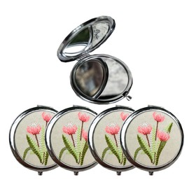 Leimandy Diameter 7cm Bridesmaid Compact Mirror Set of 4 Compact Mirror Embroidered Purse Mirror Double-Sided 1x/2x Mirror Makeup Mirror L2 (Pink Tulip)