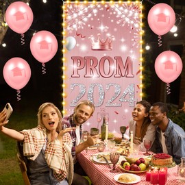 Rose Gold Graduation Door Decorations Banner with LED Lights Prom 2024 Door Cover Banner Congrats Grad Front Door Porch Sign Backdrop for Class of 2024 Prom Party Supplies Indoor Outdoor Decor