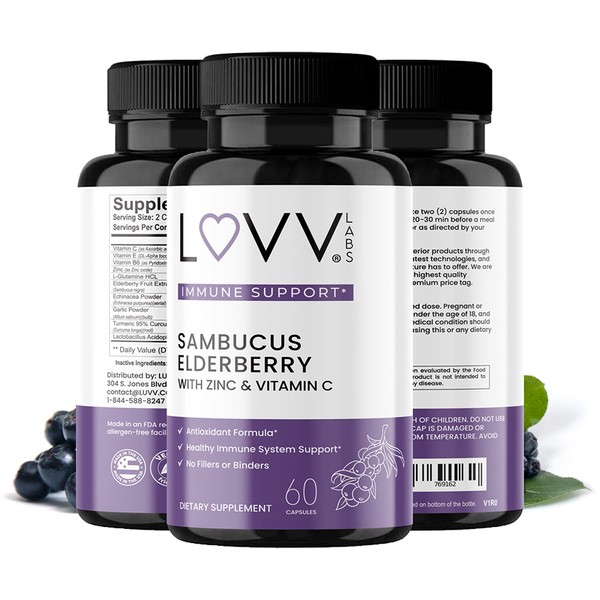 LUVV LABS Immune Boost and Support with Elderberry, Echinacea, Vitamin C, Lactobacillus Acidophilus, L-Glutamine, Turmeric, Zinc Oxide, Garlic, Vitamin E, Vitamin B6 - (180)