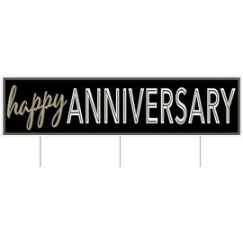 Beistle Durable Plastic Jumbo Happy Anniversary Yard Sign With Metal Stakes Outdoor Lawn Party Decorations, 11.75" x 47", Black/Gold/Silver