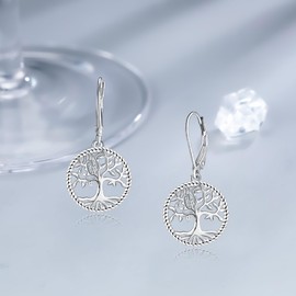 Micory Tree of Life Earrings Hanging for Women 925 Sterling Silver Tree of Life Hoop Earrings Jewellery Gift for Girls Wife Mother Daughter, Silver, Cubic Zirconia